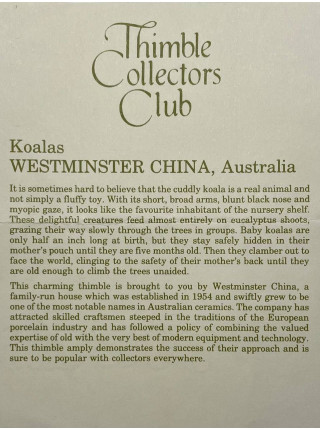 Westminster наперсток Koalas, винтажный, коллекционный, Thimble Collectors Club, в оригинальной коробочке с брошюрой