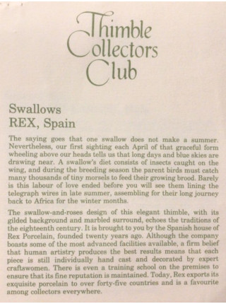 Rex наперсток Swallows, винтажный, коллекционный, Thimble Collectors Club