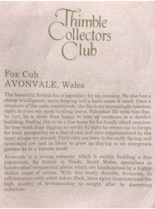 Avonvale наперсток Fox Cub, винтажный, коллекционный, фарфоровый, Thimble Collectors Club
