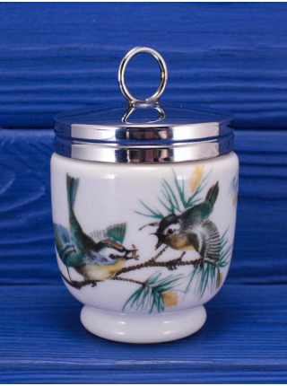 Винтажный кодлер дизайна Birds с изображением птиц на два яйца от Royal Worcester. Ободок из хромированной стали. Англия, 1950-1983 годы в оригинальной коробочке
