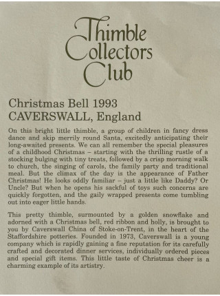 Caverswall наперсток Christmas (Рождество) 1993, винтажный, коллекционный, фарфоровый, Thimble Collectors Club