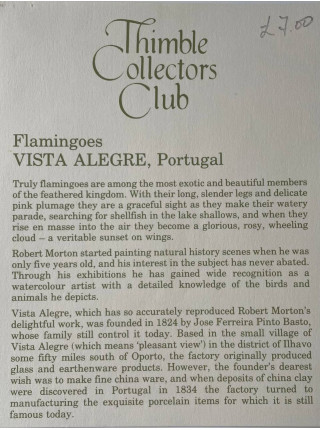 Vista Alegre наперсток Flamingos, коллекционный, винтажный, фарфоровый, Thimble Collectors Club