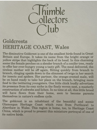Heritage Coast наперсток Goldcrest, винтажный, коллекционный, фарфоровый, Thimble Collectors Club