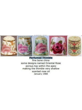 Коллекционный фарфоровый наперсток Perfumed Thimble, выпущенный в 1988 году Thimble Craft специально для Thimble Collector Guild и Scotland Direct. Декорирован золотом 22К.