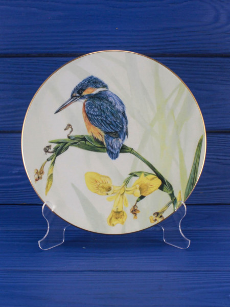 Royal Worcester тарелка Kingfisher and Iris коллекционная, Зимородок и Ирисы, винтажная, декоративная, английский костяной фарфор