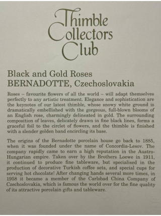 Bernadotte наперсток Black and Gold Roses, винтажный, коллекционный, фарфоровый, Thimble Collectors Club