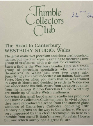 Westbury Studio наперсток The Road to Canterbury, Thimble Collectors Club, винтажный, коллекционный, Уэльс, 1987 год