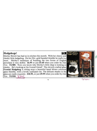 Редкий коллекционный наперсток Hedgehog, выпущенный в июле 1989 года специально для Thimble Collector Guild