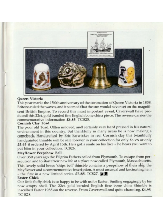 Коллекционный напёрсток из латуни The Mayflower Peepshow Bell, выпущенный Woodsetton в марте 1988 года (Mayflower - корабль)