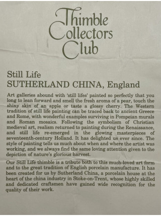 Коллекционный винтажный наперсток Still Life с изображением фруктов, изготовленный Sutherland специально для Thimble Collectors Club. Англия, 1992 год
