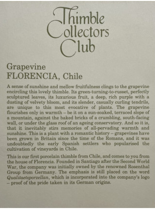 Florencia наперсток Grapevine, винтажный, коллекционный, фарфоровый, Thimble Collectors Club