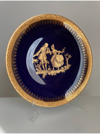 Limoges миниатюрная тарелка, винтажная, фарфоровая, интерьерная, кобальт Лимож, галантная сцена