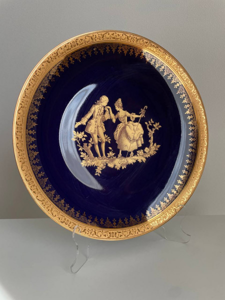 Limoges миниатюрная тарелка, винтажная, фарфоровая, интерьерная, кобальт Лимож, галантная сцена
